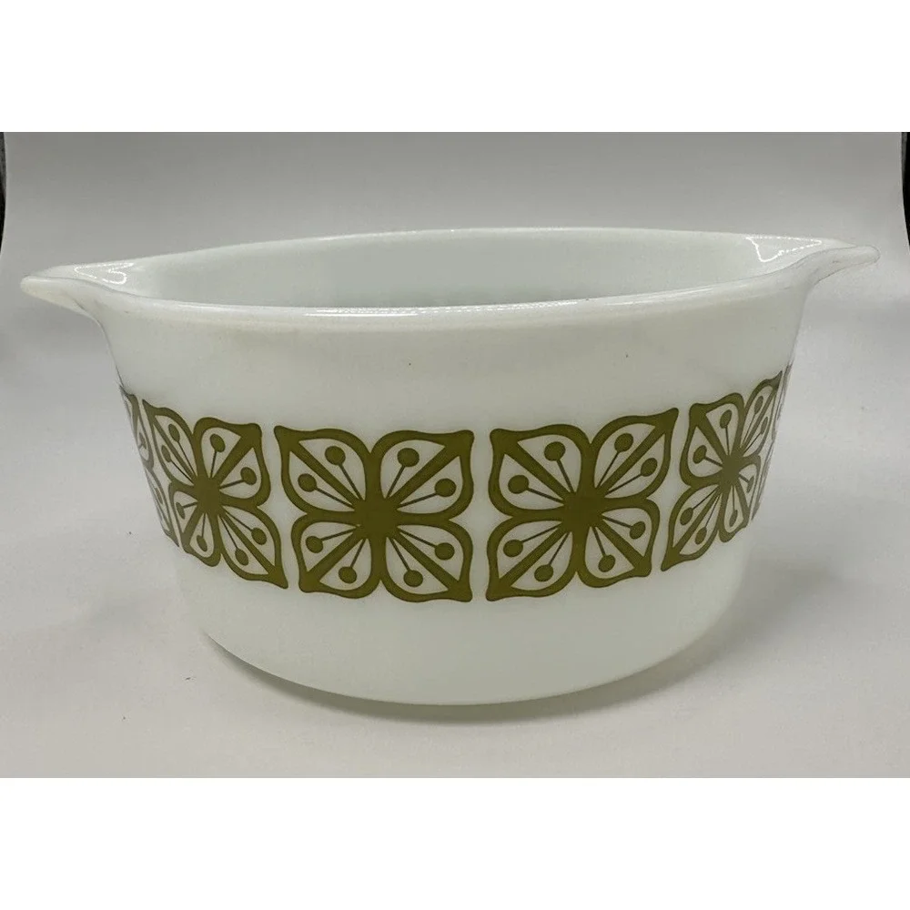Vintage Pyrex Autumn Floral‎ Verde Squares Olive Green 1 Qt USA Ovenware